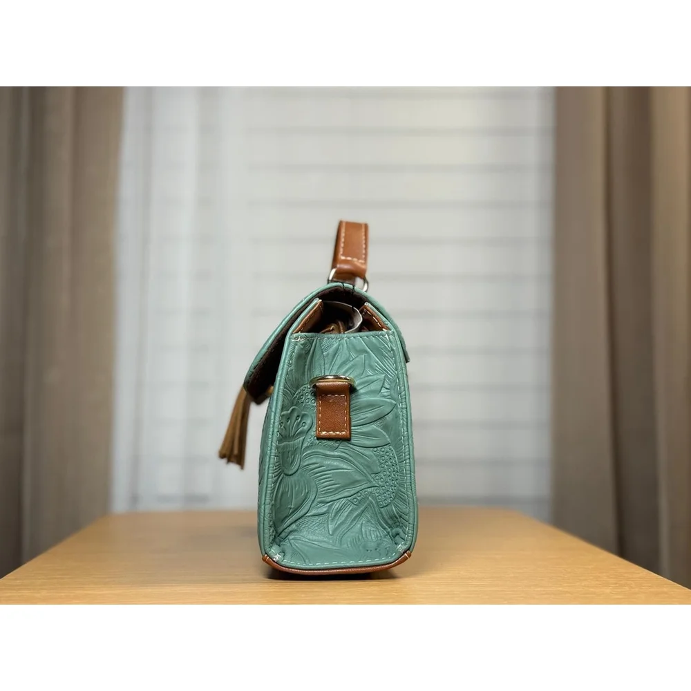 Sage Green Sunflower Embossed Tooled Artisan LEATHER Crossbody Handbag Purse